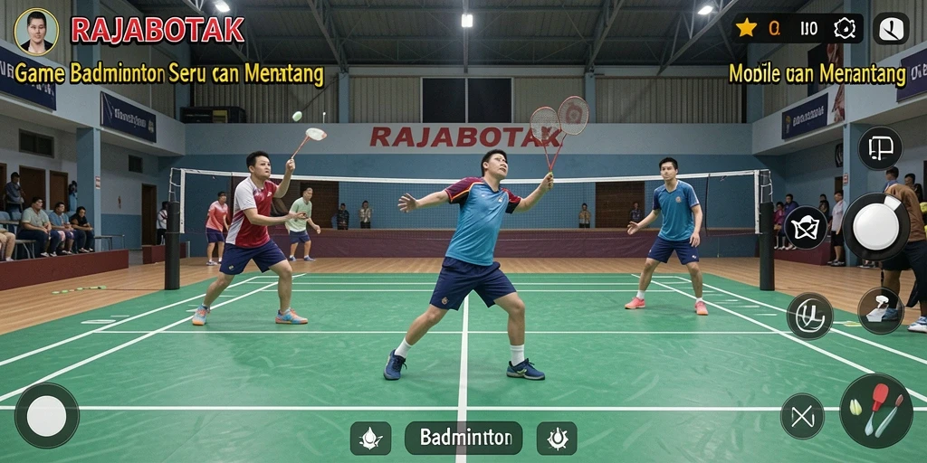 Screenshot antarmuka RAJABOTAK yang menunjukkan gameplay badminton.